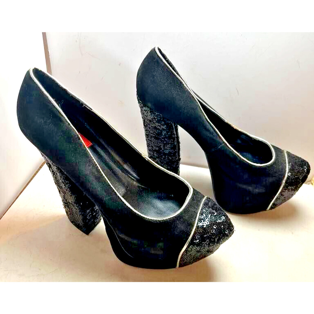 F R H ~ Women's Size 7.5 ~ Black Suede ~ SEQUIN ~ 5.5" Hi Heel ~ Platform Shoes